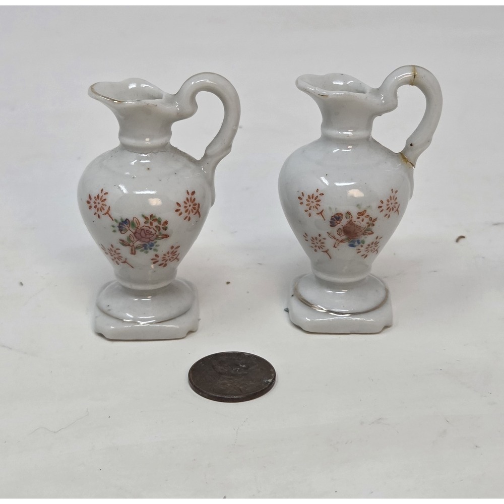 Miniature Porcelain Pitcher Ewer Hand Painted Floral Gold Gilt 3" Vintage